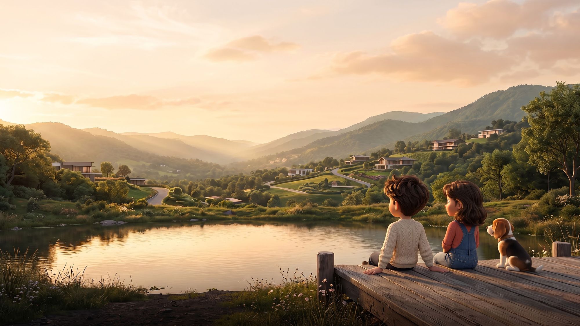 Children and their beagle on a jetty over the lake at golden hour