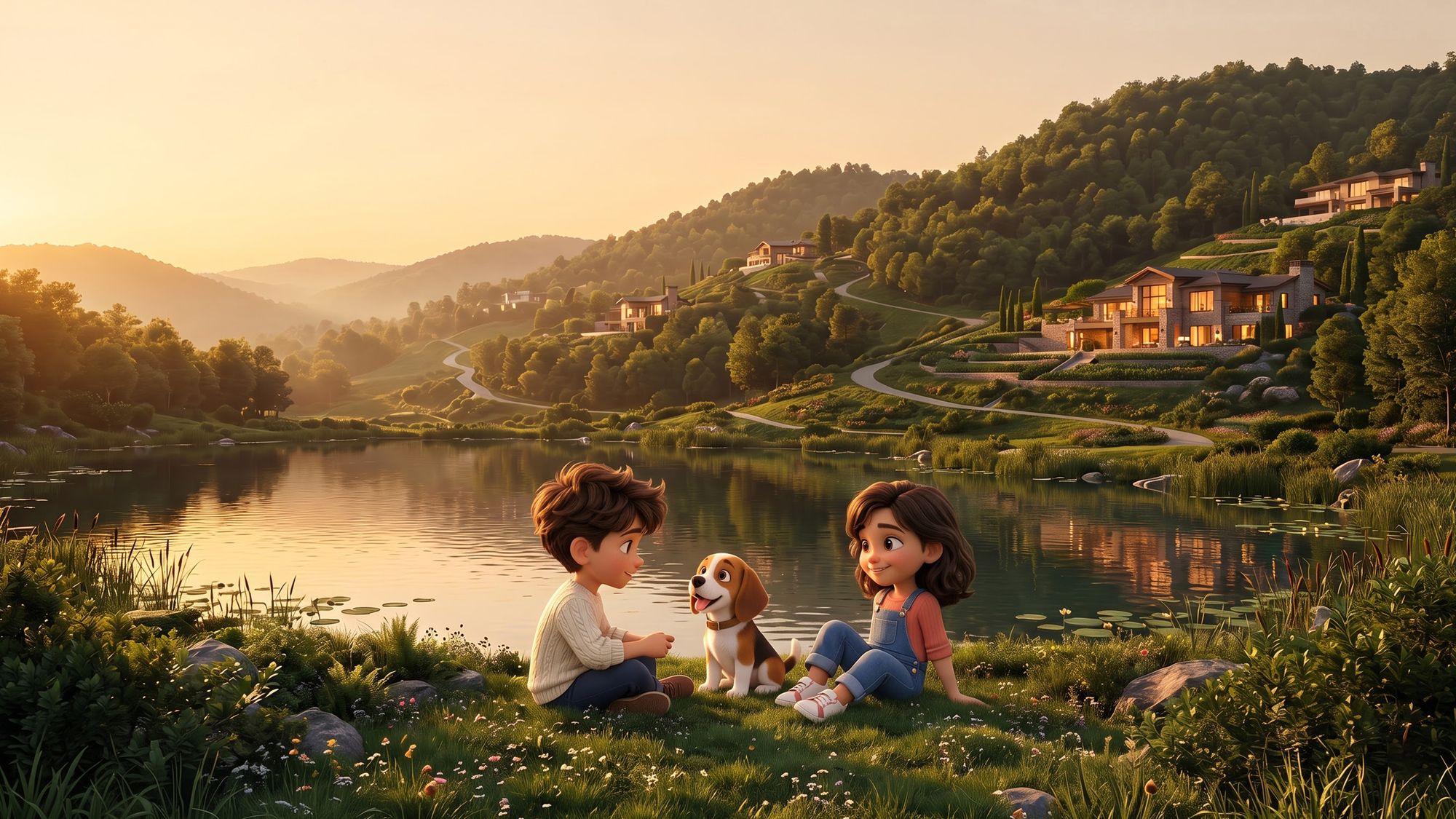 Children and their beagle by the lake, villas on the hillside behind