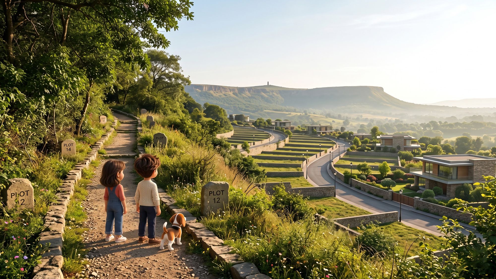 Artist’s impression: a path climbing past numbered plot markers, the development and Nandi ridge below