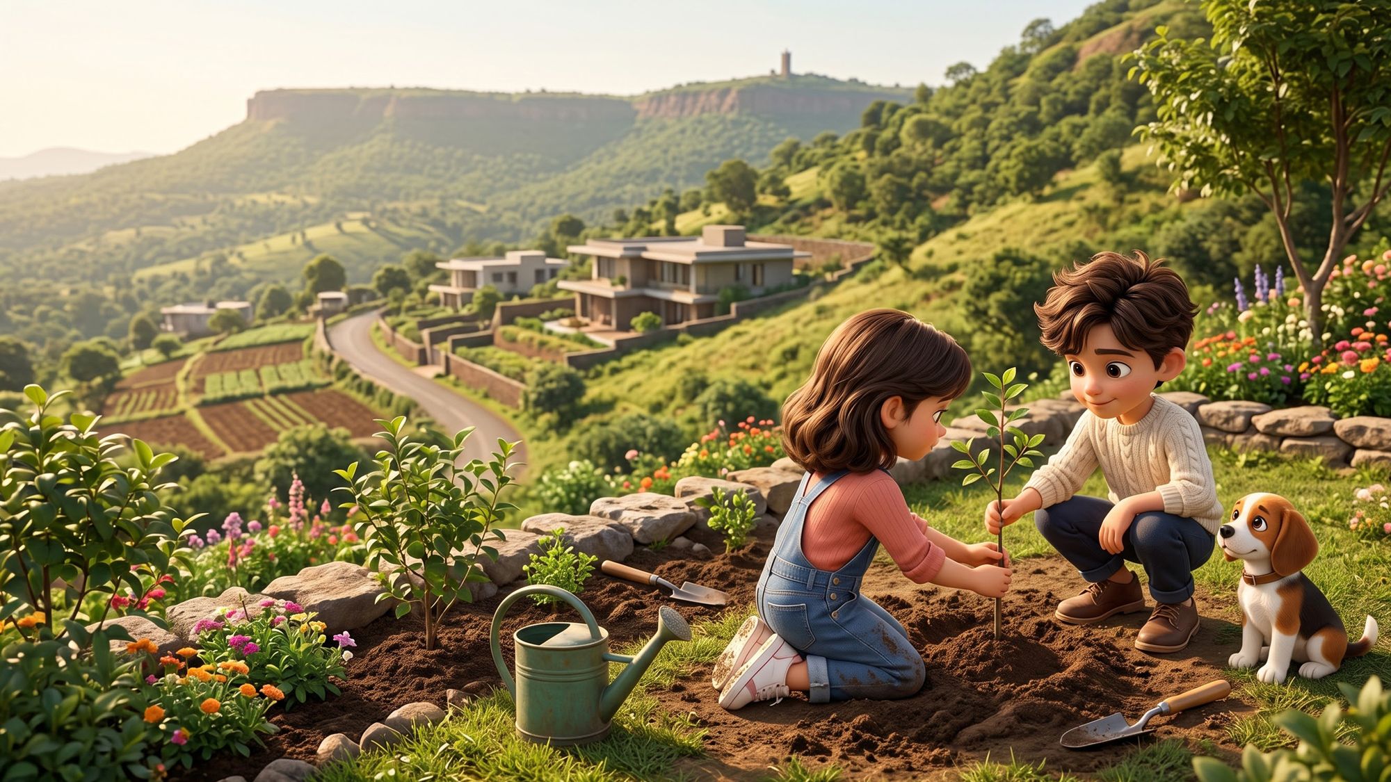 Children planting a sapling in their own garden
