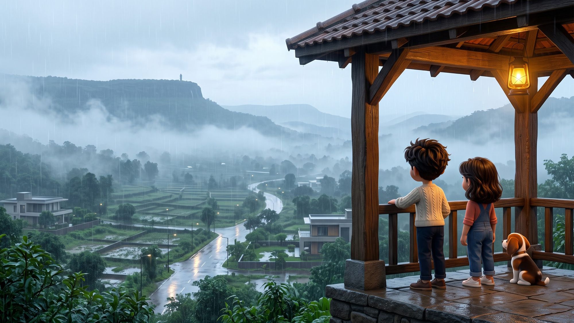 Children under a lantern-lit pavilion watching the monsoon over the valley